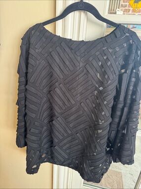 Women's Black Sheer Geometric Cutout Long Sleeve Blouse by JJ Medium